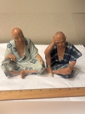 Hakata Urasaki Clay Doll Figurine Pair Elderly Men Sitting Japan (2 of several)